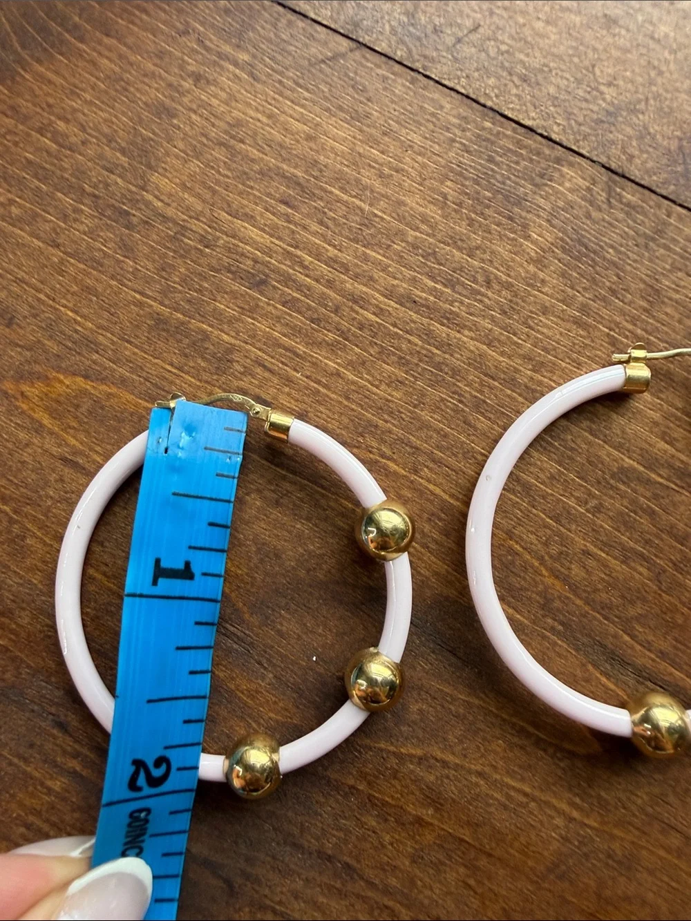 Vintage 750 Pink Hoop Earrings with Gold Bead Accents - Picture 4 of 7